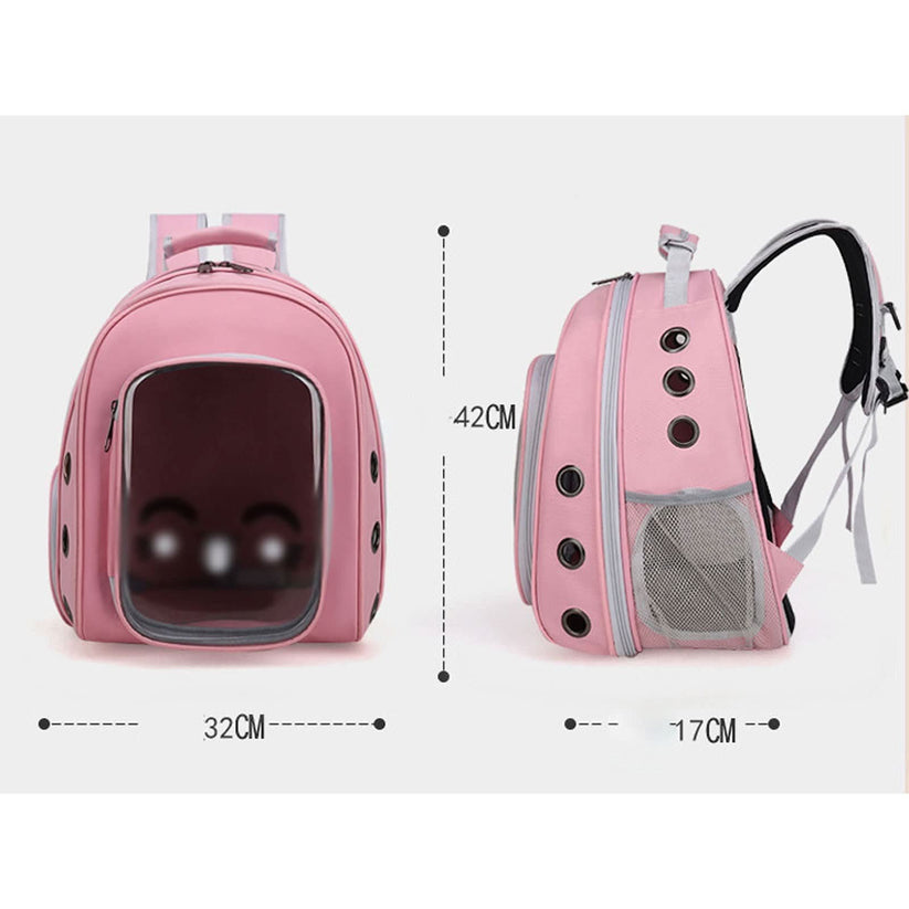 Pink pet backpack with clear front panel and measurements on a white background