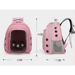 Pink pet backpack with clear front panel and measurements on a white background