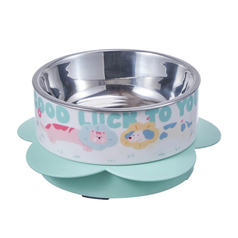 Pet bowl with cartoon designs and 'Good Lick to You' text on a white background