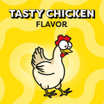 Cartoon chicken with 'Tasty Chicken Flavor' text on a yellow background