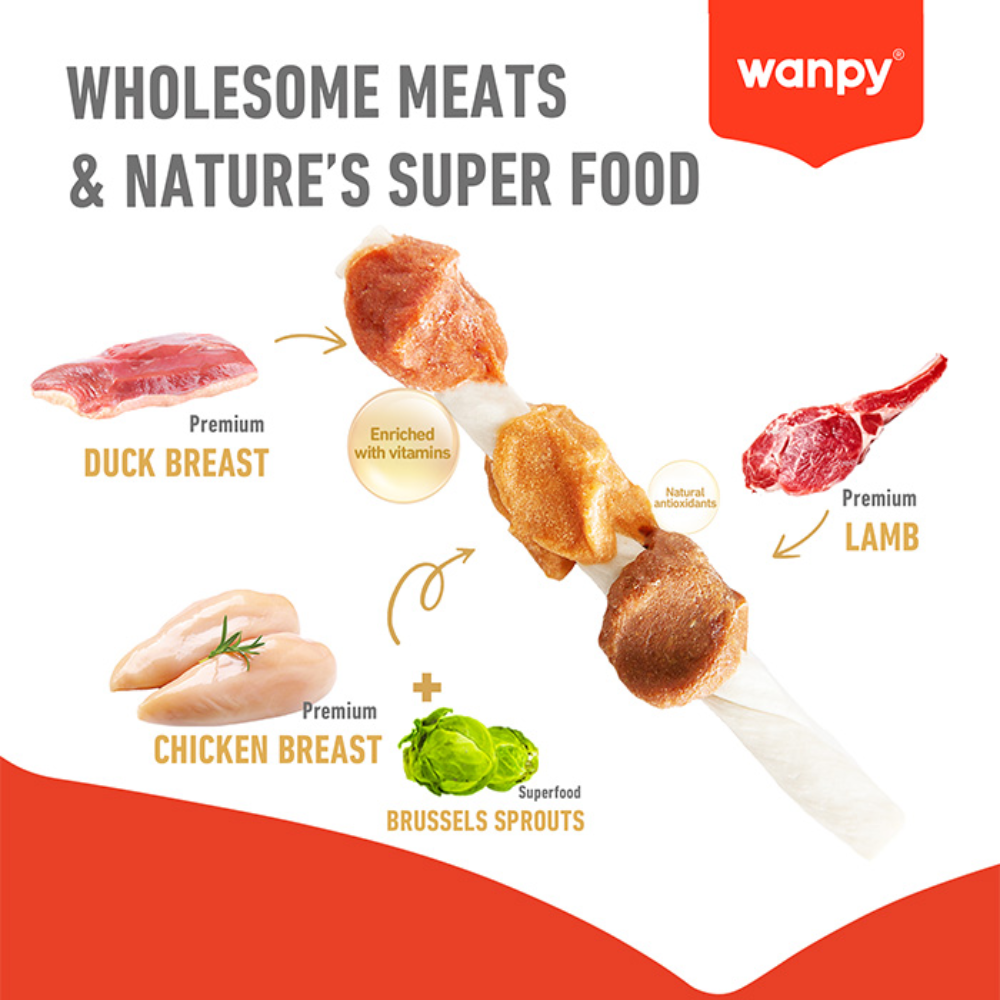 Wanpy Treat For Adult Dog Chewy Triple Chunk Kabobs Chicken , Duck & Lamb 100 g