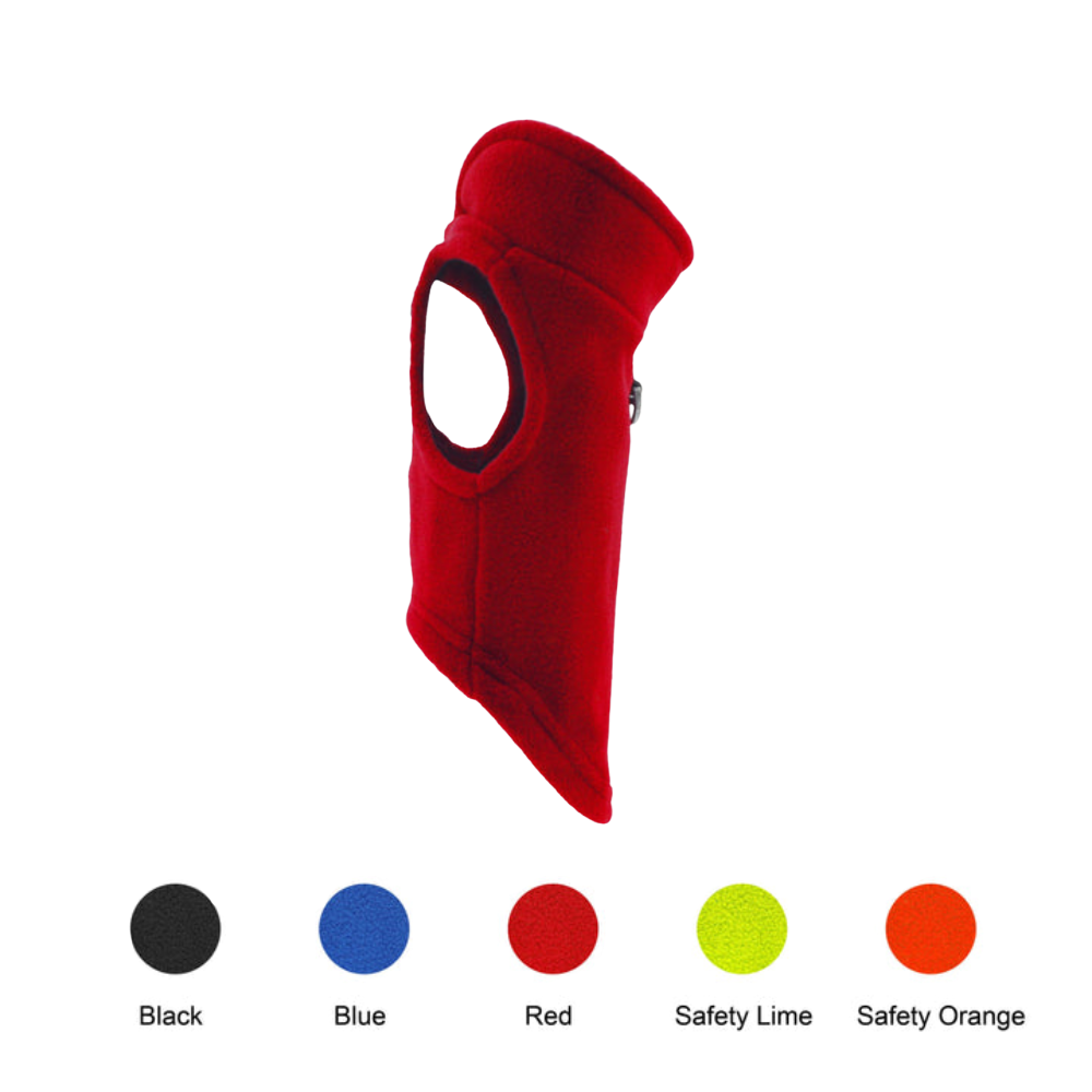 Red balaclava with color swatches below on a white background, featuring the DOCO brand logo.