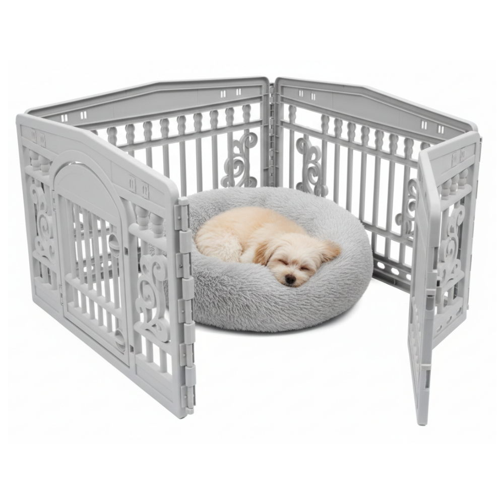 Dog in Playpen with Bed