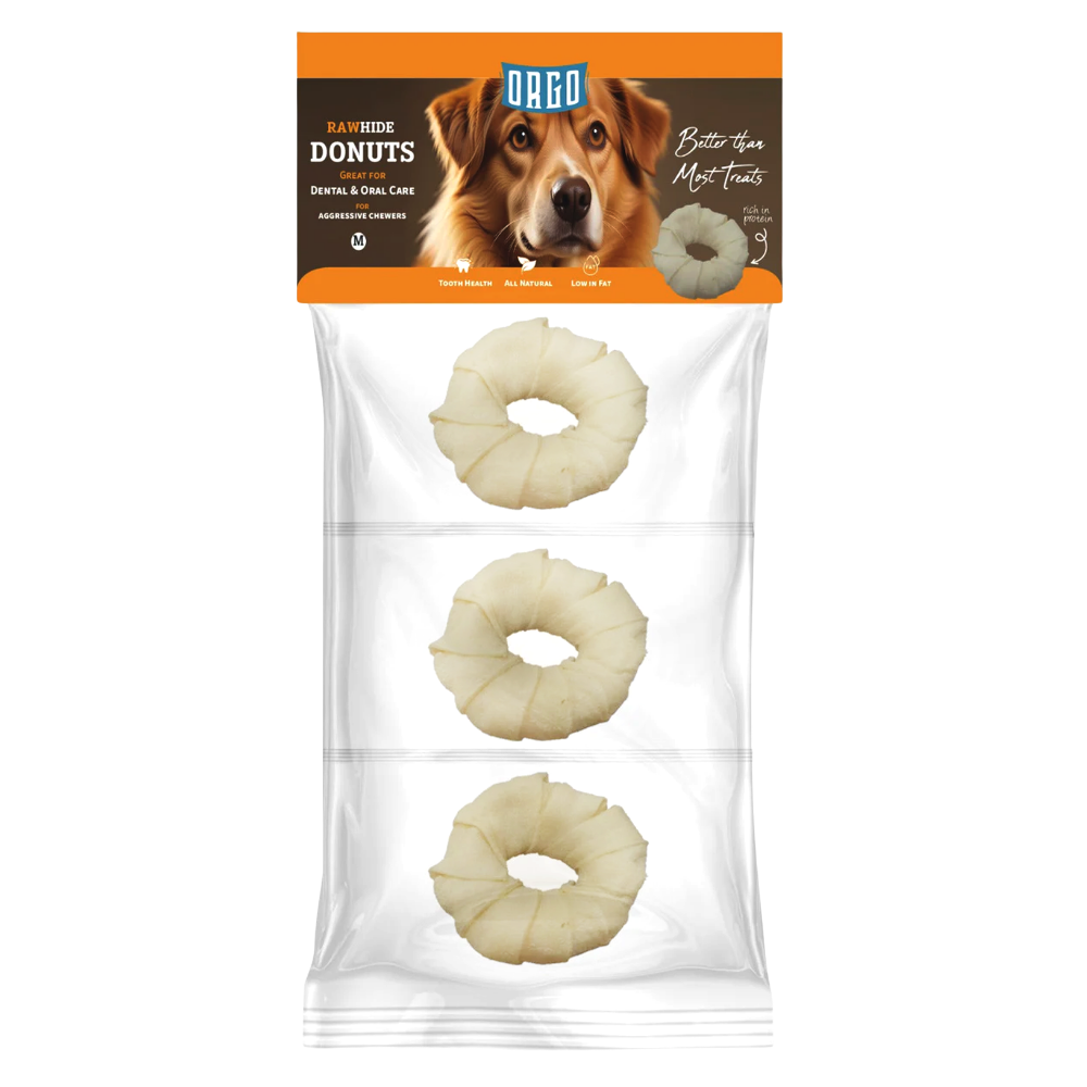 Package of Dago Rawhide Donuts for dogs with a clear window showing the donuts.