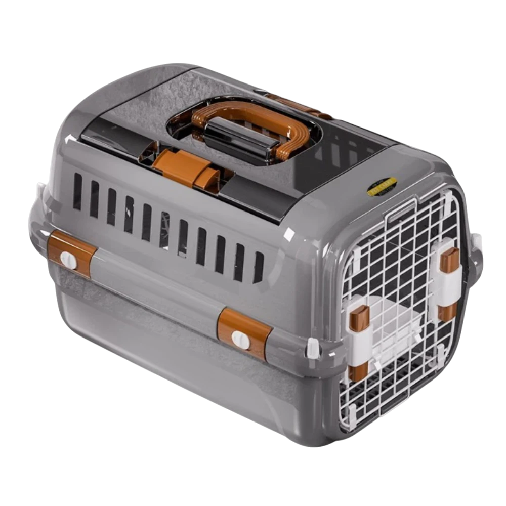 Gray pet carrier with brown accents on a white background