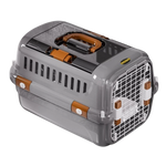 Gray pet carrier with brown accents on a white background