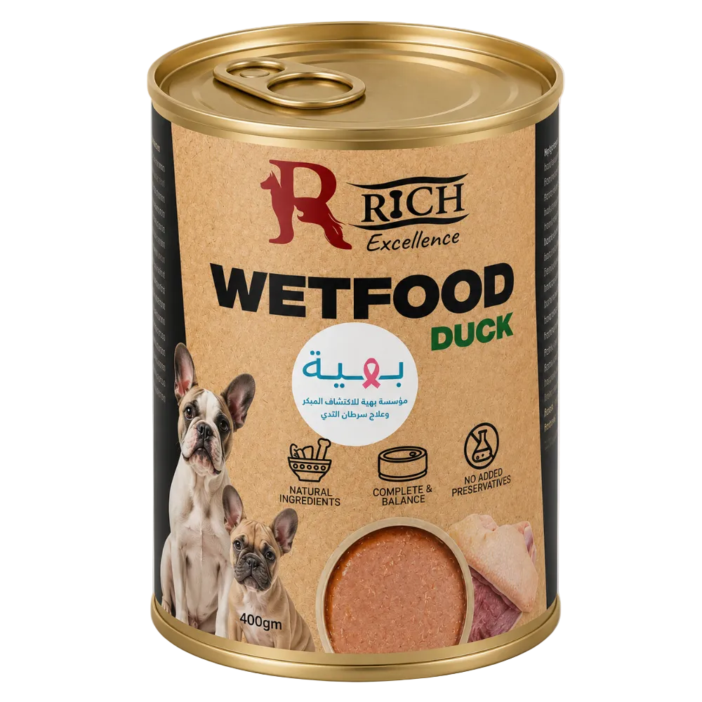 A 400g can of RICH Excellence Wetfood Duck dog food, featuring a kraft paper label with images of French Bulldogs and a gold pull-tab lid, set against a light gray background.