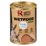A 400g can of RICH Excellence Wetfood Duck dog food, featuring a kraft paper label with images of French Bulldogs and a gold pull-tab lid, set against a light gray background.