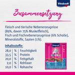Vitakraft cat food packaging with nutritional information on a white background