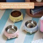 Three pet bowls in yellow, pink, and blue on a striped surface with text about color matching and style options.