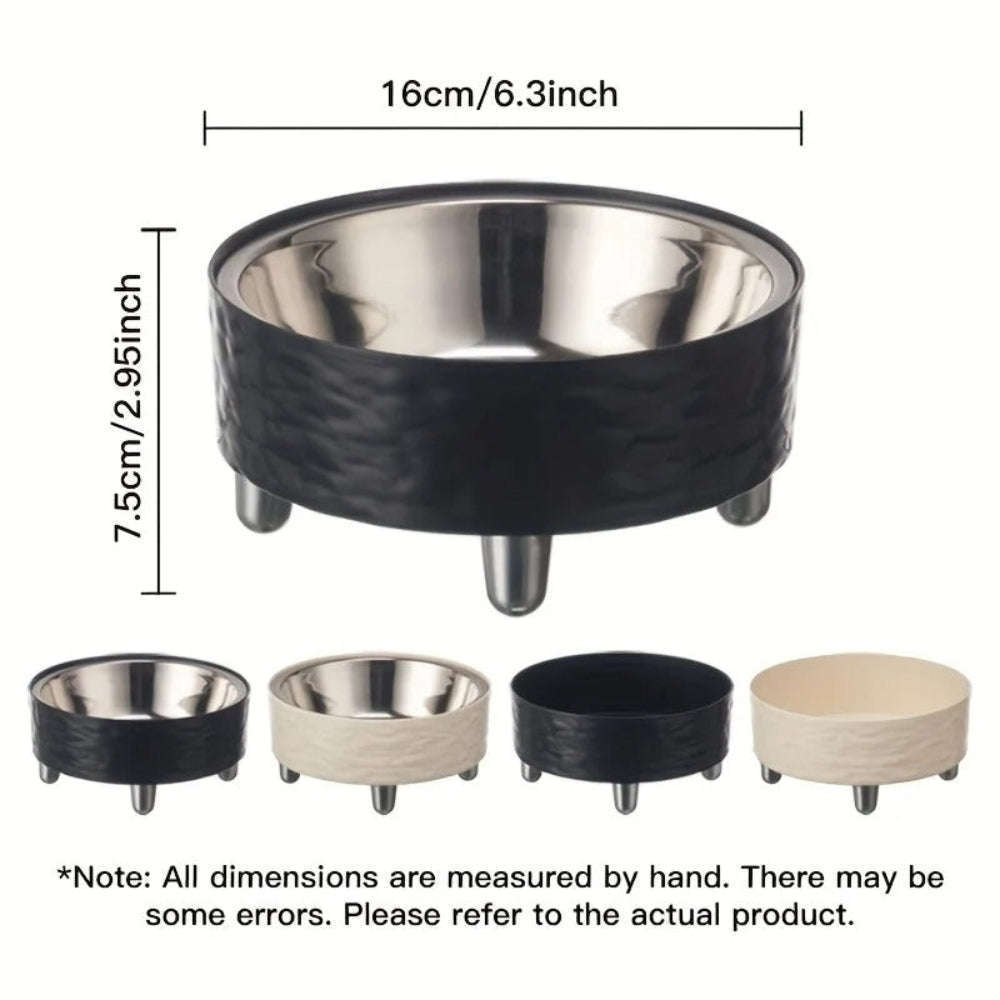 Stainless steel pet bowl with black rubberized base and dimensions displayed.