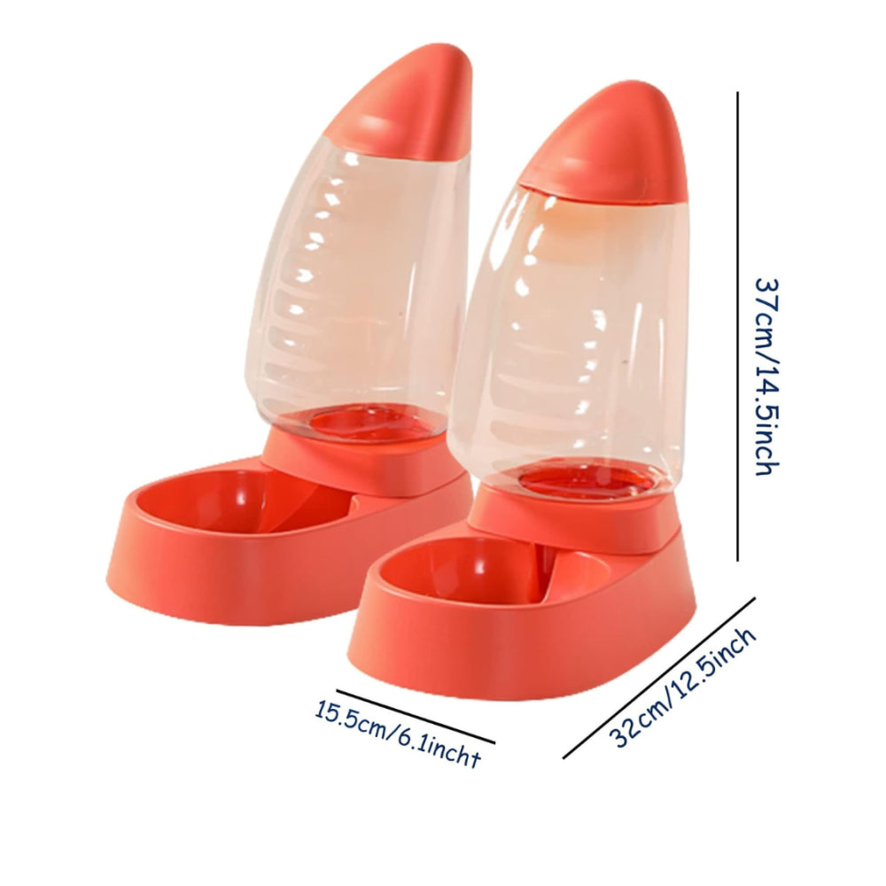 Two red pet feeders with measurement details on a white background
