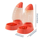 Two red pet feeders with measurement details on a white background