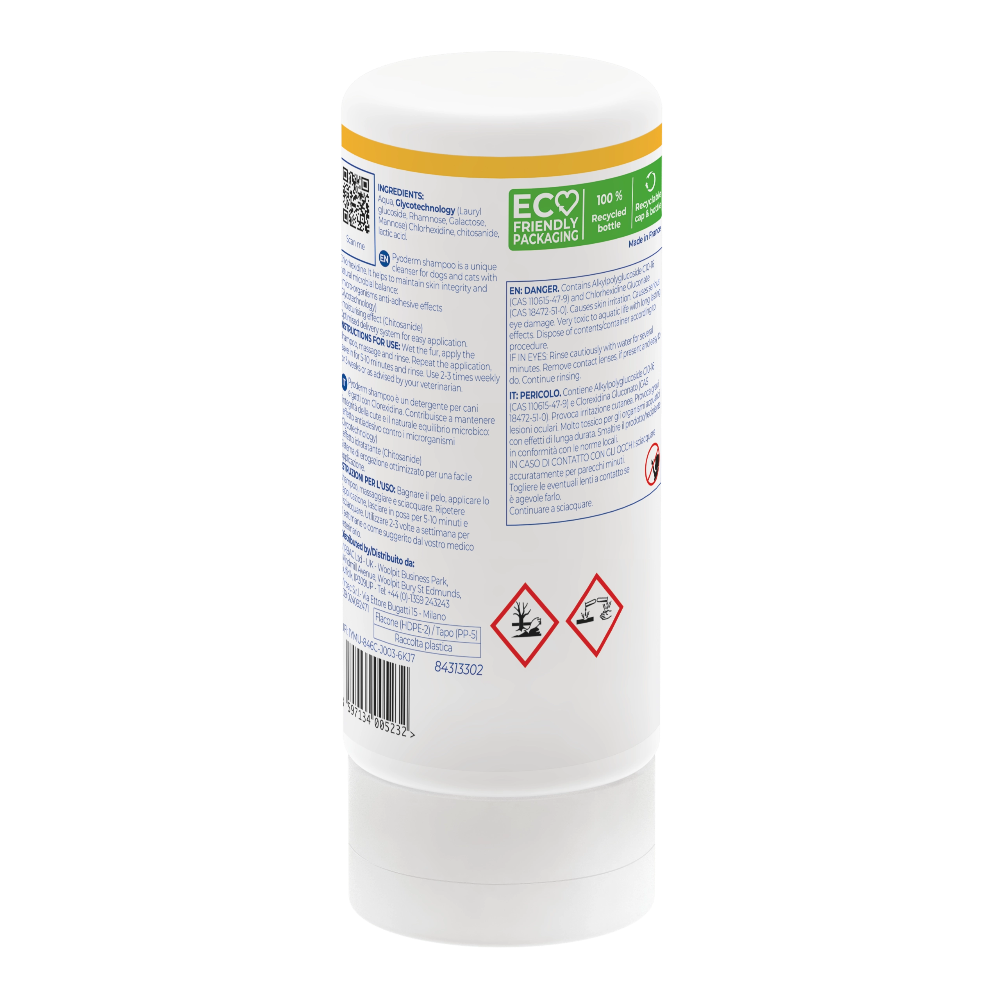 White cylindrical container with text and symbols on a white background
