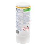 White cylindrical container with text and symbols on a white background