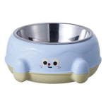 Blue pet bowl with cartoon face design on a white background