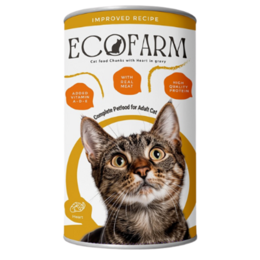 Cat food canister with 'EcoFarm' branding and a cat's face on the label.