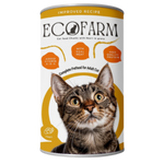 Cat food canister with 'EcoFarm' branding and a cat's face on the label.