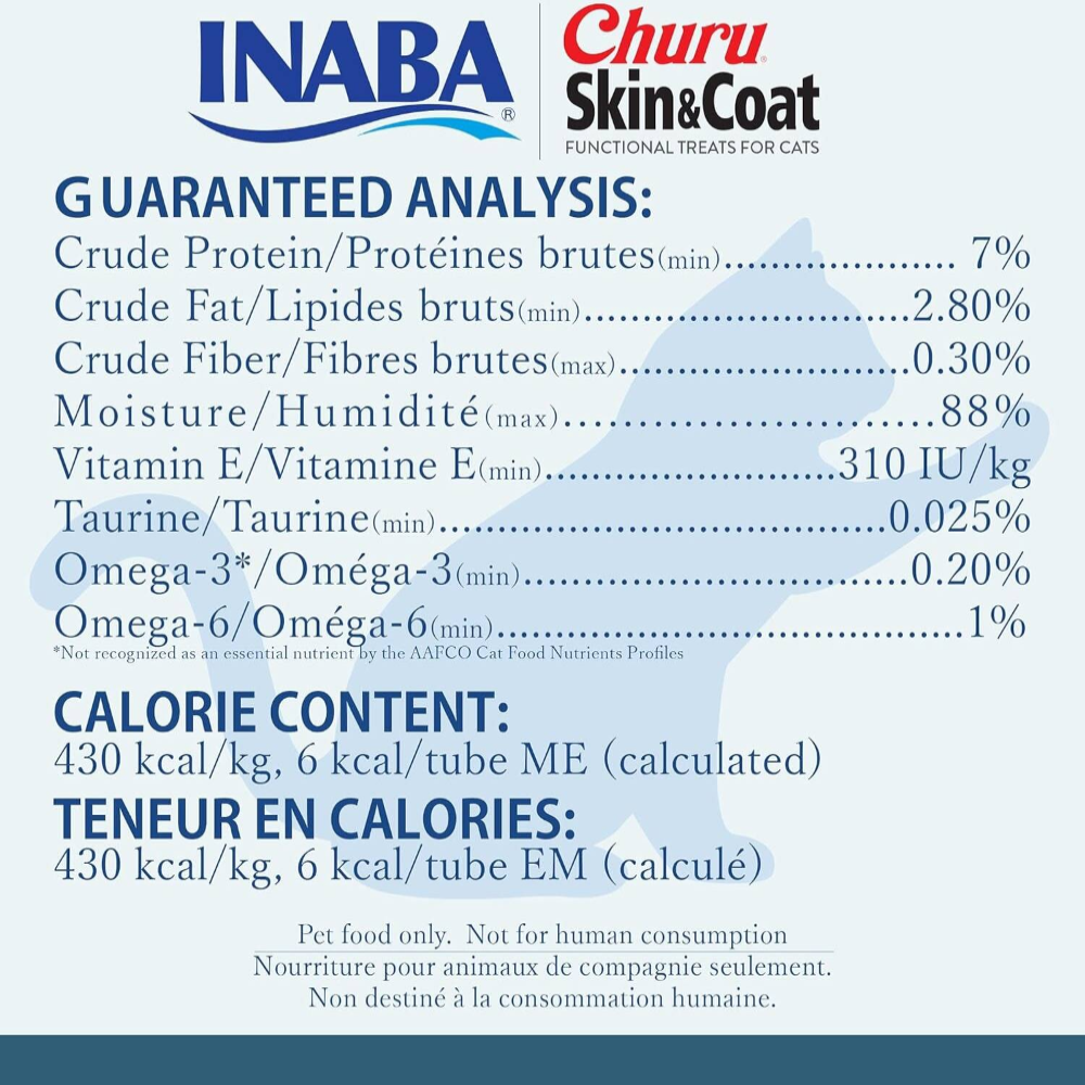 Nutritional label for INABA Churu Skin & Coat cat treats with guaranteed analysis and calorie content.
