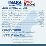 Nutritional label for INABA Churu Skin & Coat cat treats with guaranteed analysis and calorie content.