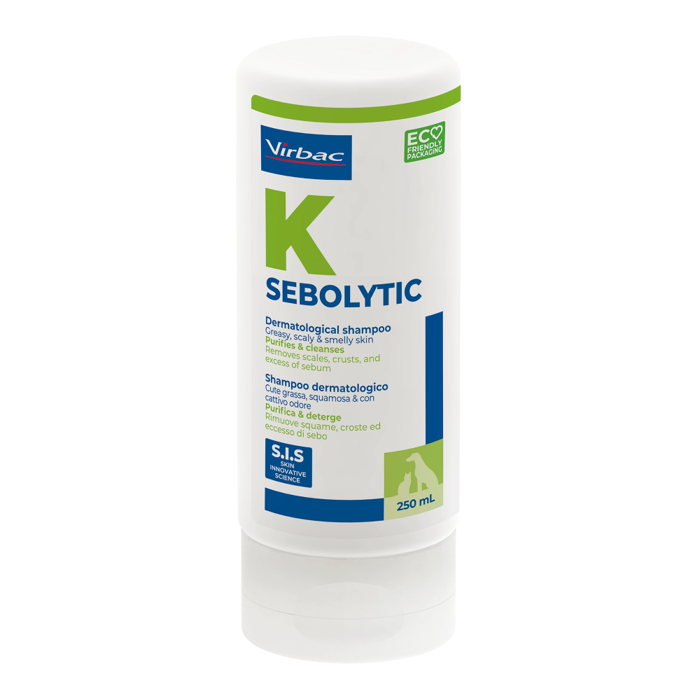 Sebolytic shampoo bottle with Virbac logo on a white background