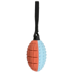 Dog toy resembling a grenade with orange and blue colors on a white background