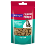 Packaging of Fit Fun Crunchy Pockets cat treats with a red and green design.