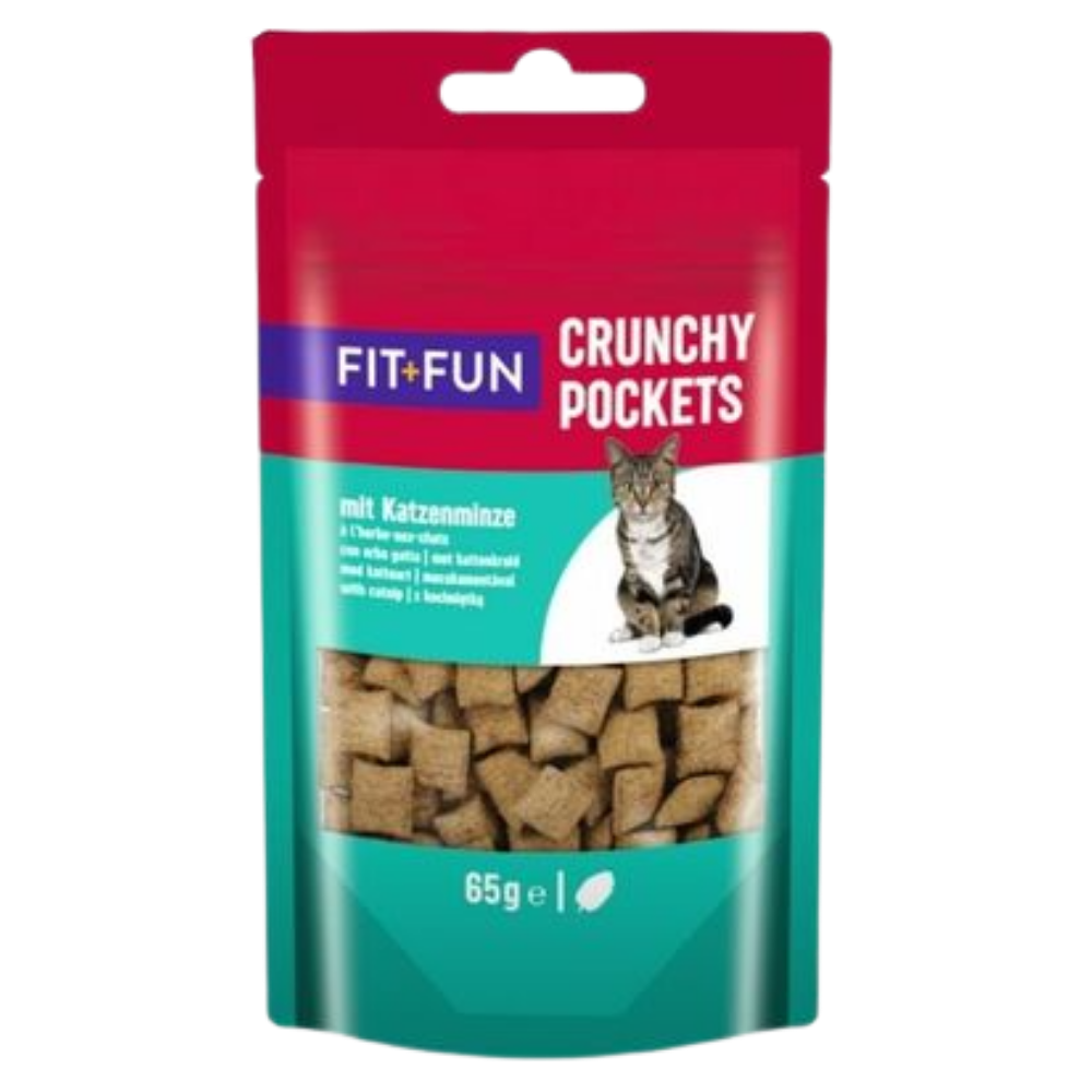 Packaging of Fit Fun Crunchy Pockets cat treats with a red and green design.
