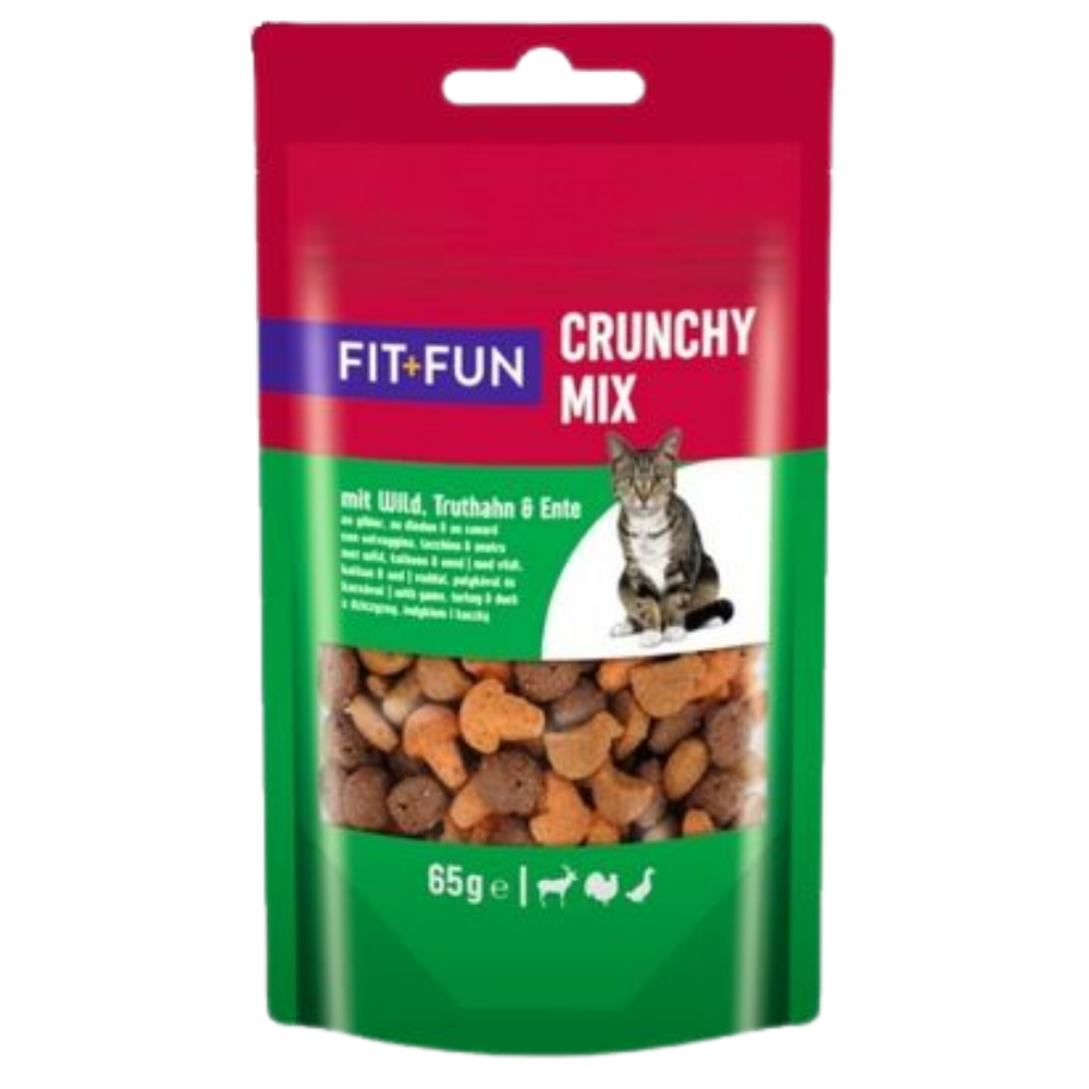 Cat food packaging with red and green design featuring a cat on a white background.