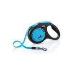 Blue and black retractable dog leash on a white background