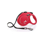 Red retractable dog leash with brand logo on a white background