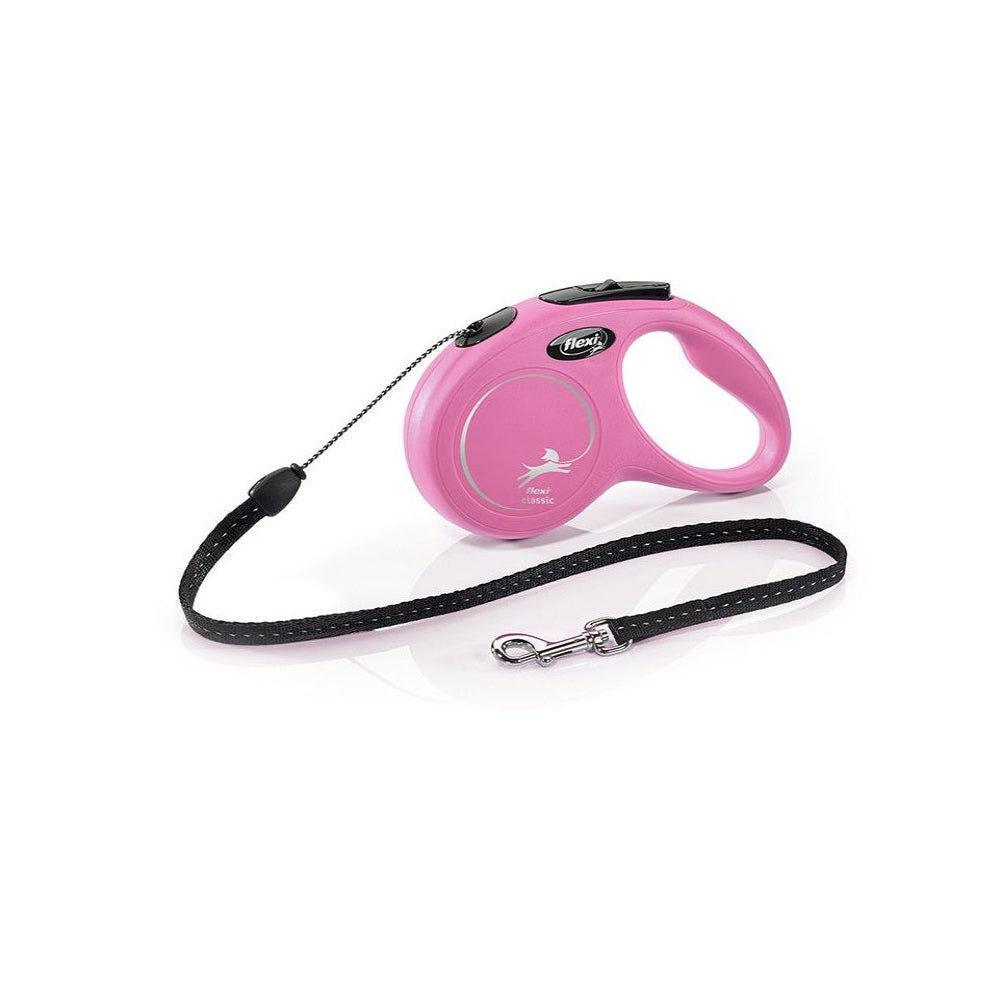 Pink retractable dog leash with black handle on a white background