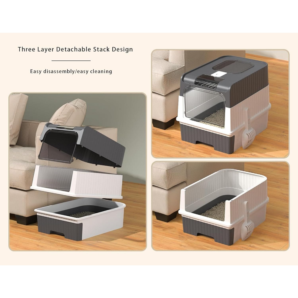 Cat litter box with three-layer detachable design on a wooden floor.
