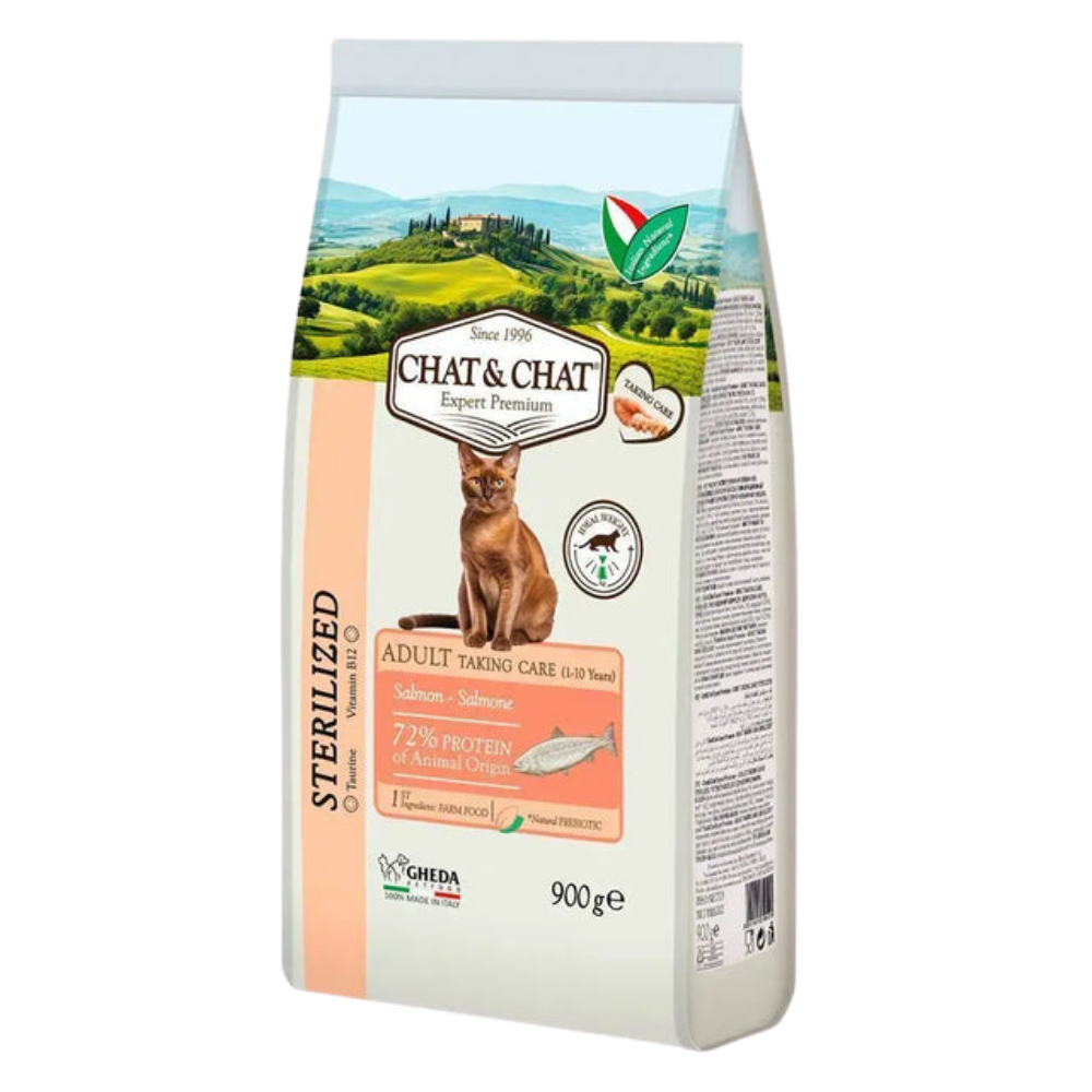 Cat food package with scenic background and brand logo