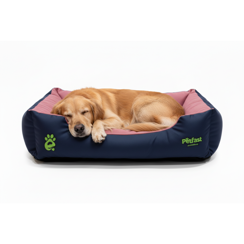 Golden Retriever Sleeping in Navy Pink Bed