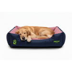 Golden Retriever Sleeping in Navy Pink Bed