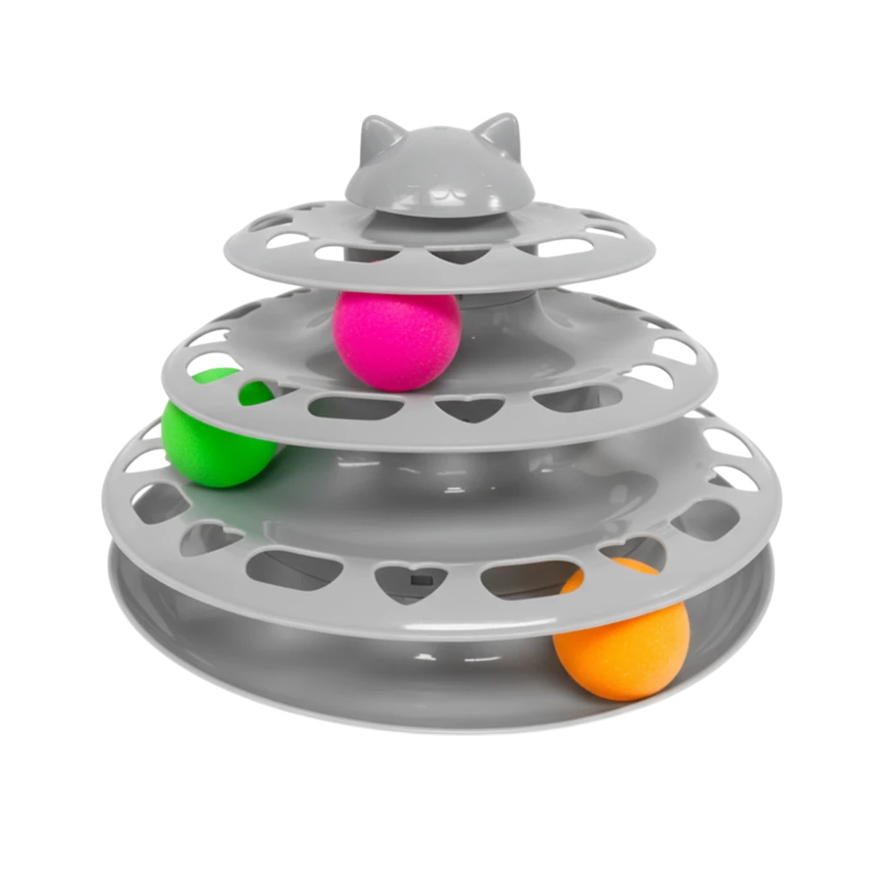 Gray cat toy with multiple levels and colorful balls on a white background