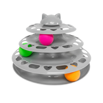 Gray cat toy with multiple levels and colorful balls on a white background