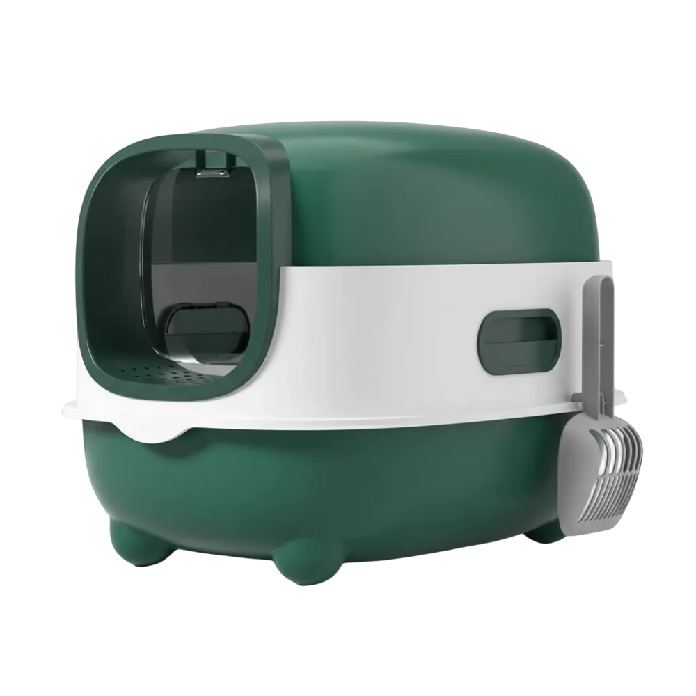 Green and white pet litter box on a white background