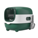 Green and white pet litter box on a white background