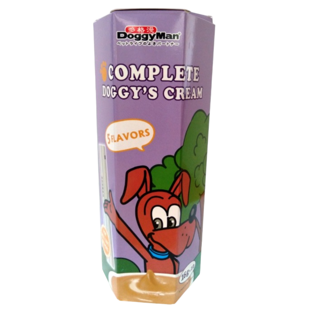 DoggyMan Complete Doggy's Cream packaging with flavors listed on a scenic background