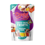 Packaging of Crystal Kitty freeze-dried chicken paw treats on a white background