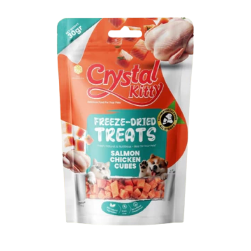 Package of Crystal Kitty freeze-dried treats for cats on a white background