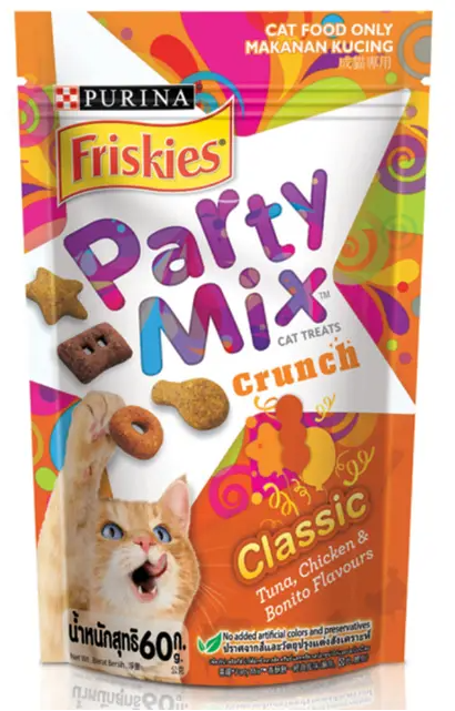 Purina Friskies Party Mix Crunch cat treats packaging with colorful design and cat illustration.