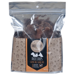 Packaged dog treats labeled 'Three Moutls Duck Strips' on a white background