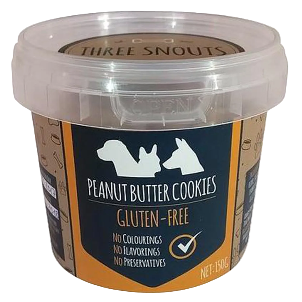 Container of peanut butter cookies for dogs with 'Three Snouts' branding on a white background