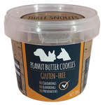 Container of peanut butter cookies for dogs with 'Three Snouts' branding on a white background