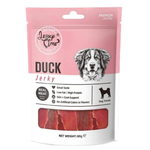 Pink package of Leaky Paws Duck Jerky for dogs with a dog's face on the packaging.