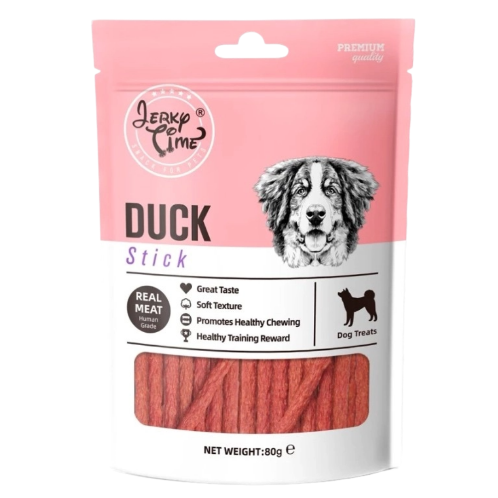 Dog treat package with pink top and white bottom, featuring a duck stick illustration.