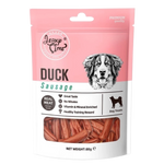 Package of Jerky Time duck sausage dog treats with a pink background and dog illustration.